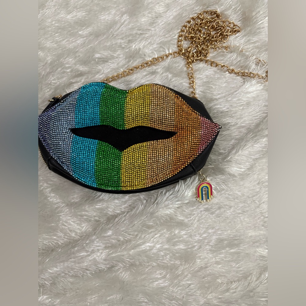 Betsey Johnson Pucker Up Kitsch Crossbody bag in a rainbow rhinestone design